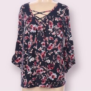 𝅺NEW Directions Womens Floral Print Bell Ruffle 3/4 Sleeve Blouse Size Medium